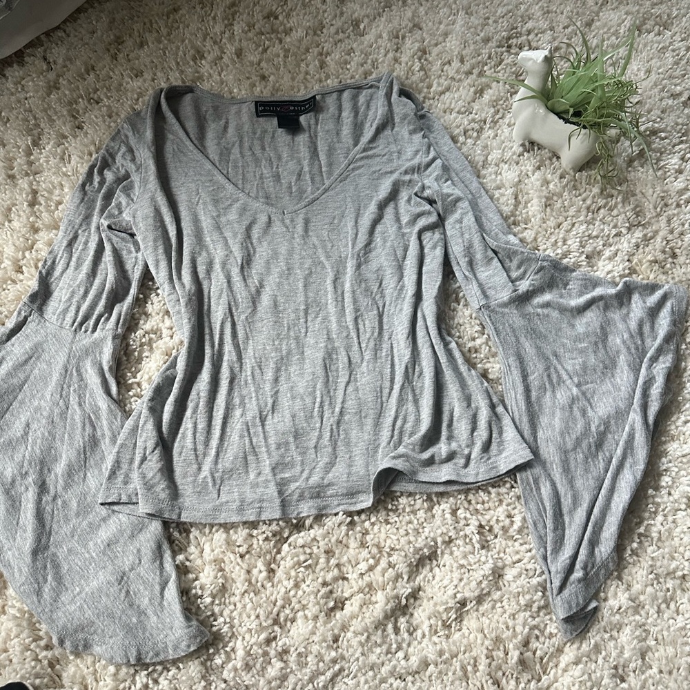 Polly Esther light grey light bell sleeve hippie boho comfy belly shirt.…